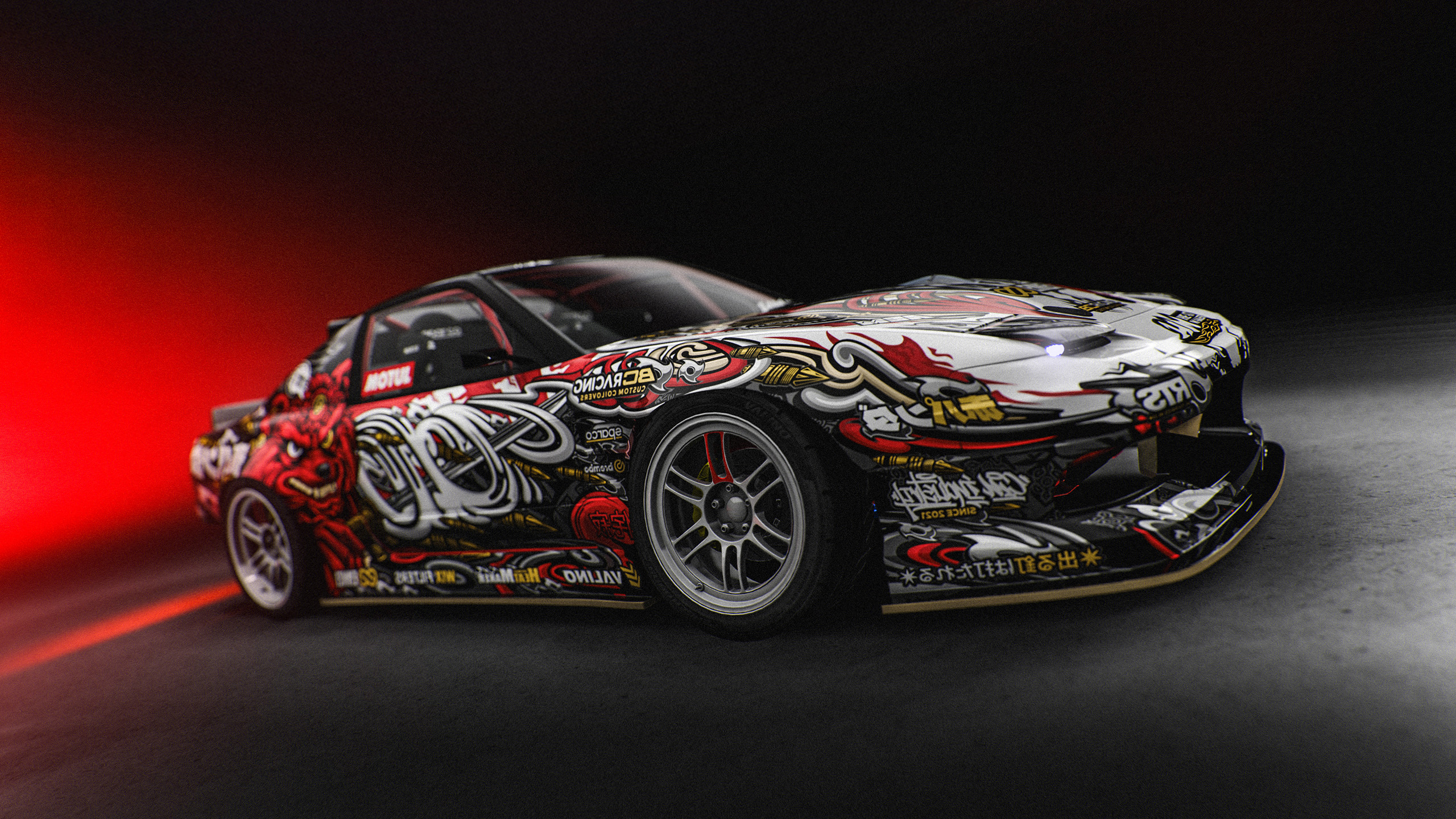 Nissan 180sx Drift Red Panda Illustration Livery Design Front 3/4 | CM Industry