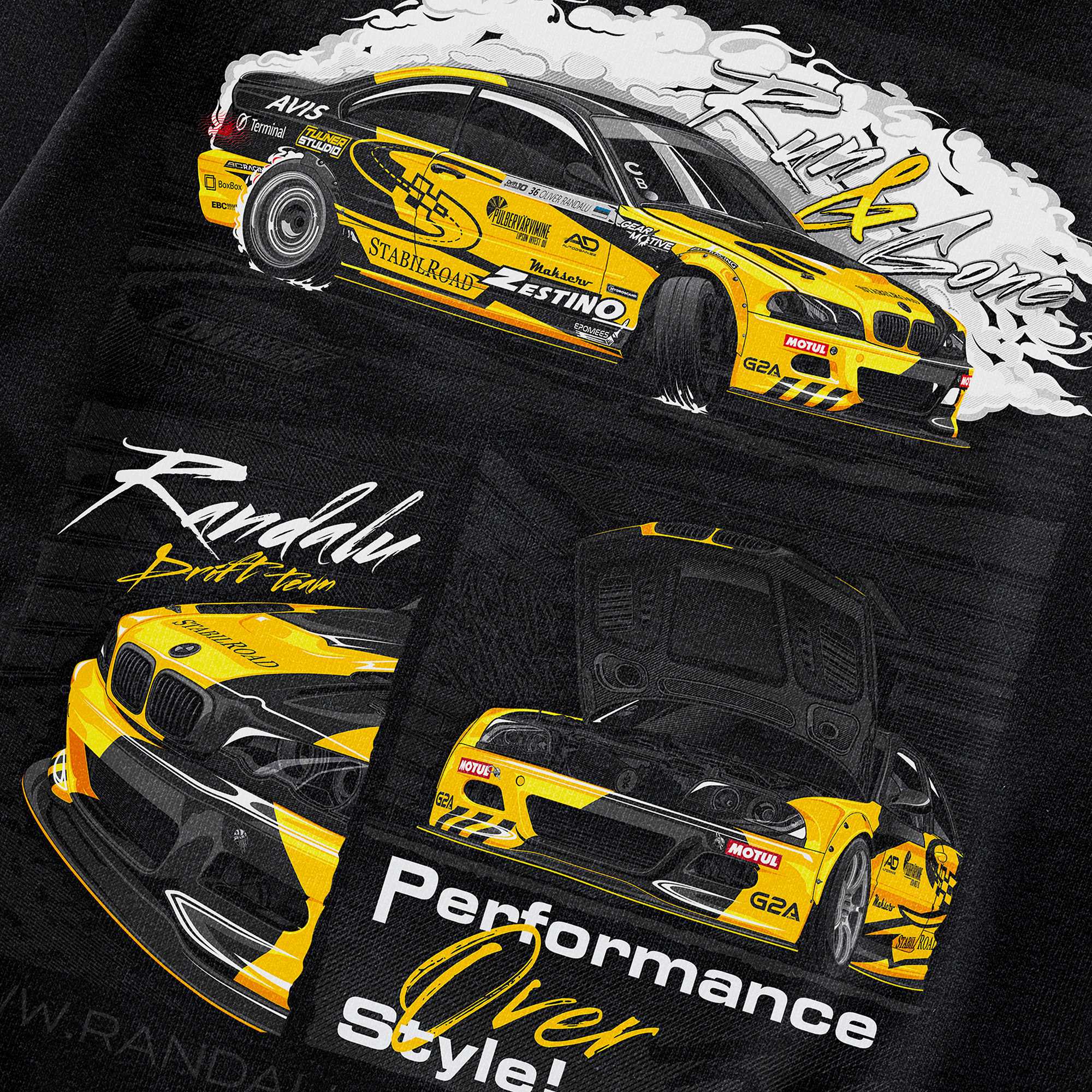 BMW E46 Drift Oliver Randalu Illustration T-Shirt Cap MockUp | CM Industry