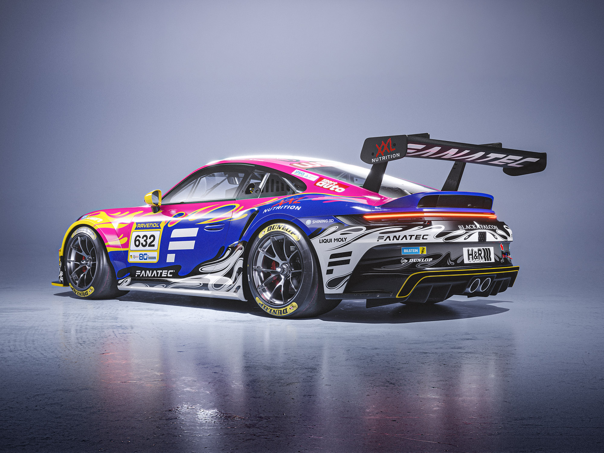 Porsche 911 GT3 Cup (992) 992.1 Black Falcon Fanatec Livery Design Pink Rear 3/4 | CM Industry