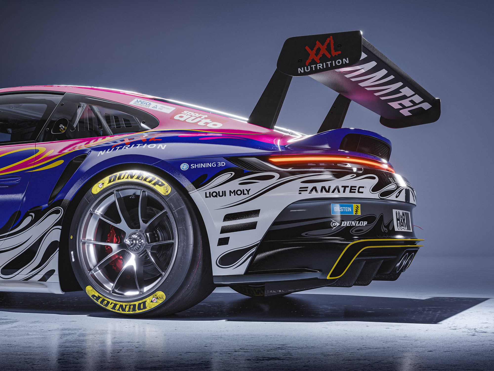 Porsche 911 GT3 Cup (992) 992.1 Black Falcon Fanatec Livery Design Pink Rear side | CM Industry