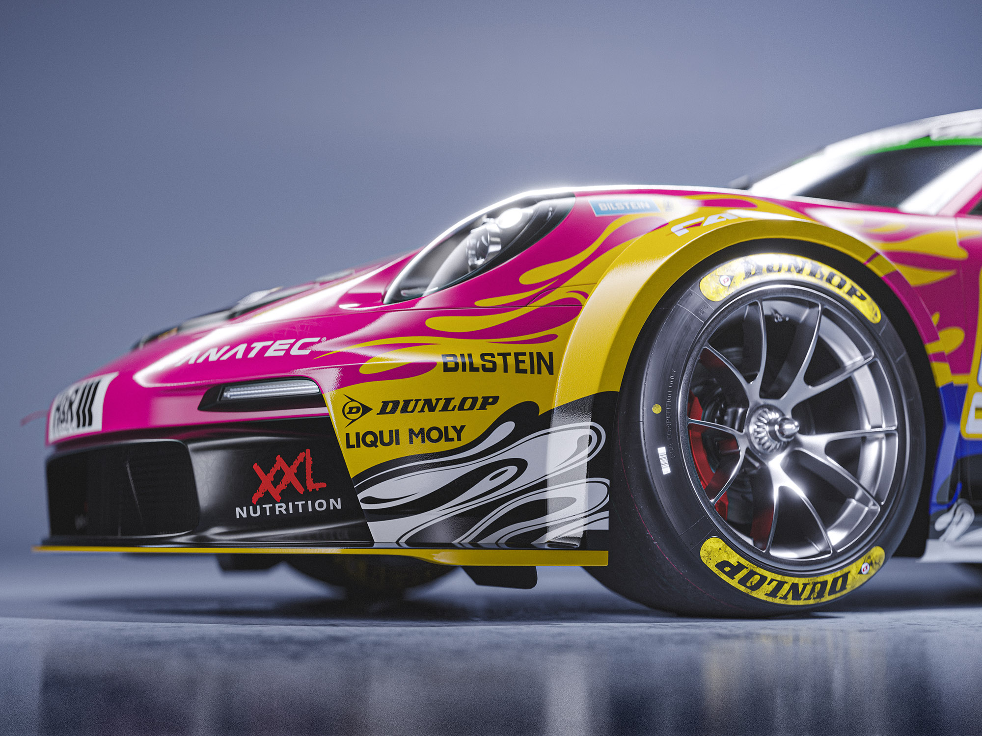 Porsche 911 GT3 Cup (992) 992.1 Black Falcon Fanatec Livery Design Pink Front side | CM Industry